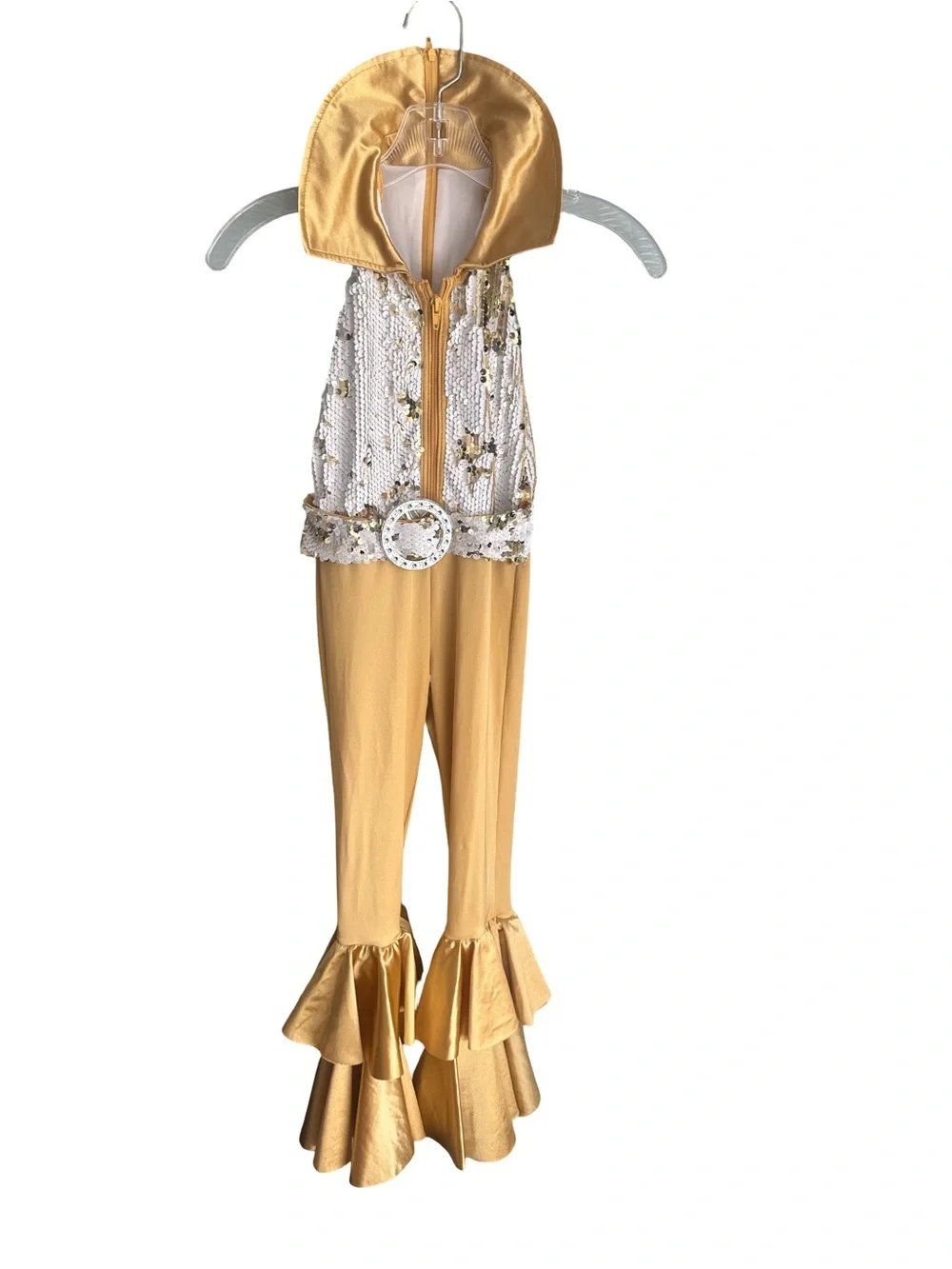 Weissman Gold Sequin Metallic Ruffle Dance Costume Jumpsuit Unitard ABBA 70’s IC